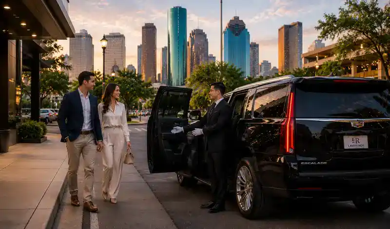 Professional chauffeur welcoming travelers to a luxury Cadillac Escalade for a premium Houston private transportation experience.